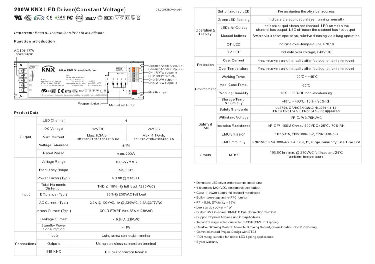 bedienungsanleitung 24v knx rgbw led dimmer mit integriertem 200w netzteil - Seite 1