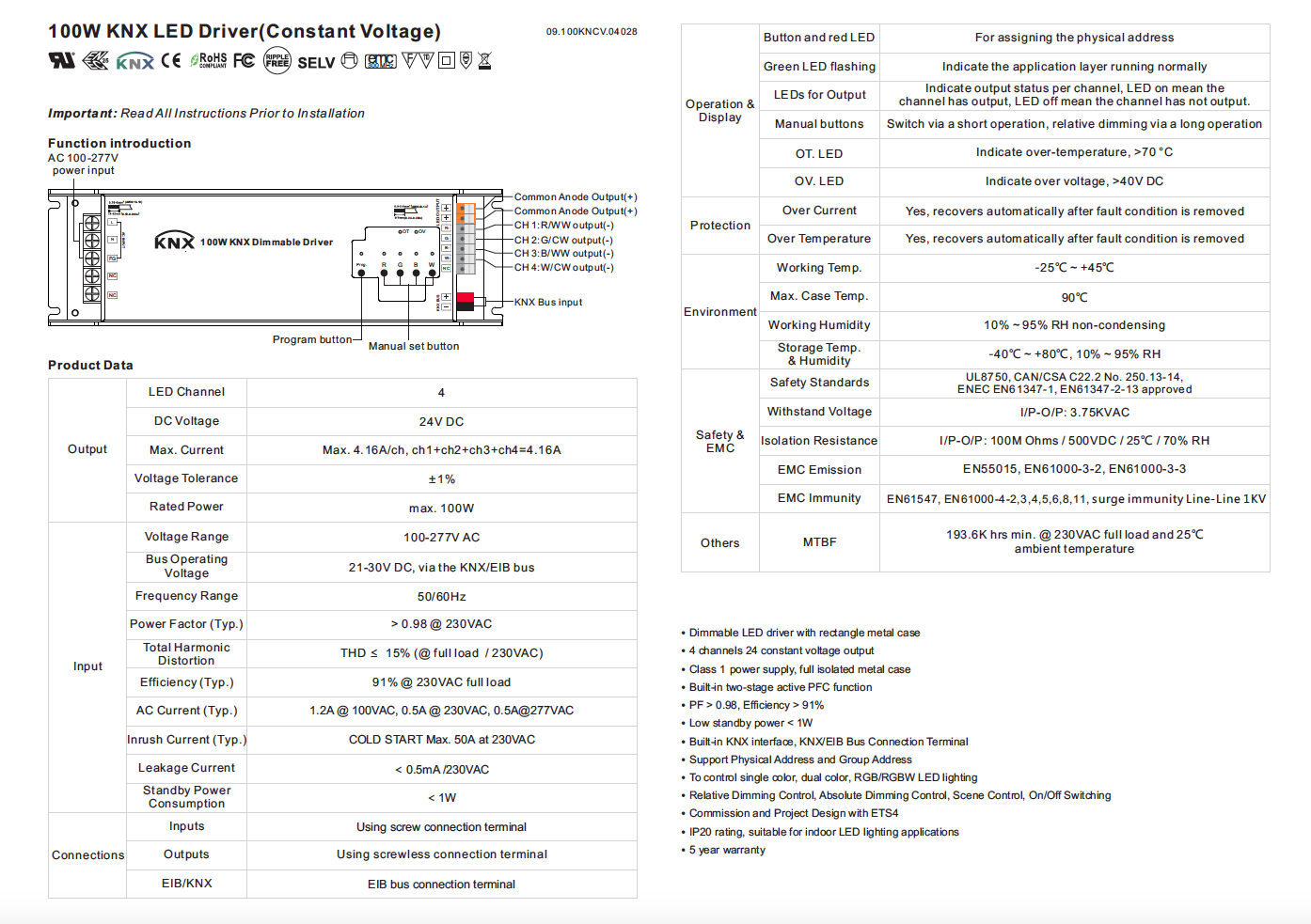 bedienungsanleitung 24v knx rgbw led dimmer mit integriertem 100w netzteil - Seite 1