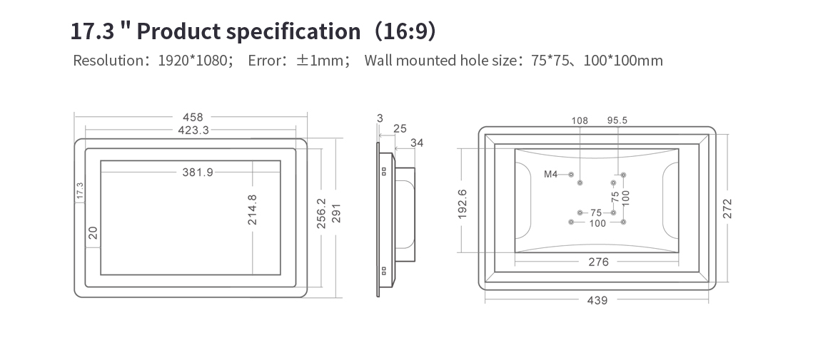 Einbaumaße 17,3" ANDROID 6 Wandeinbau Touchpanel