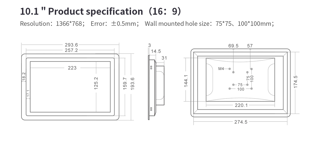 Einbaumaße 10.1" ANDROID 6 Wandeinbau Touchpanel