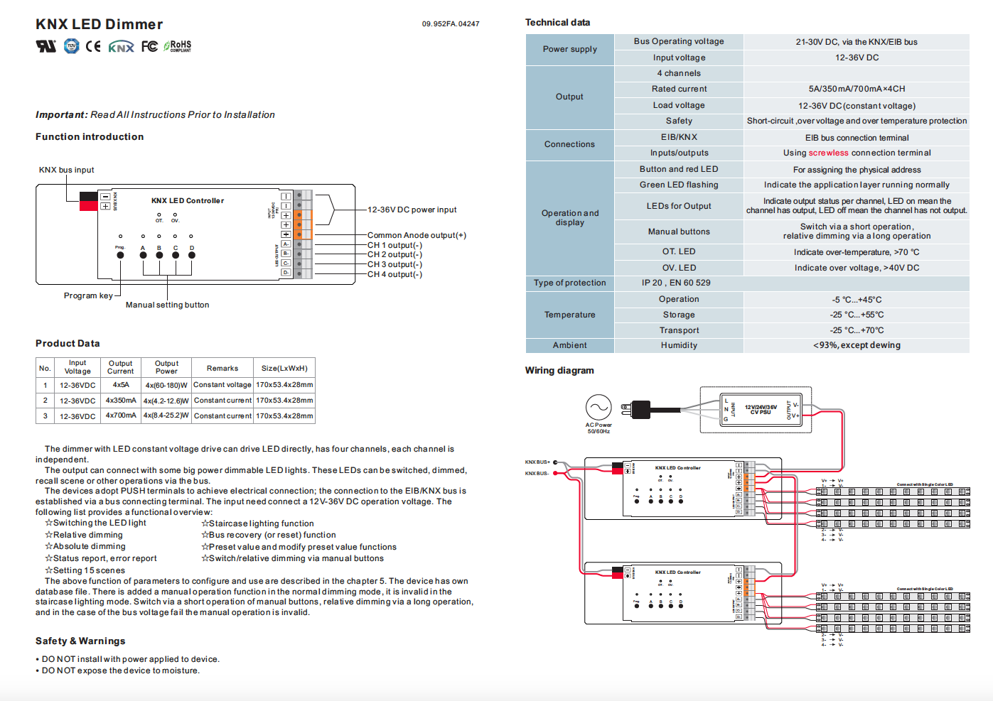 12v / 24v / 36v knx led dimmer 4 kanal 5a - seite1