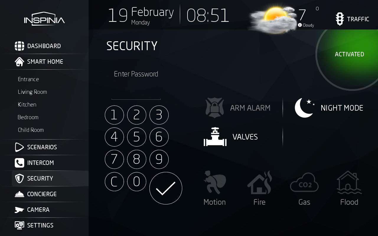 Touch Panel: Ansicht Alarm und Sicherheit