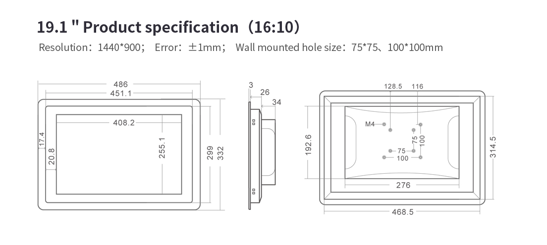 Einbaumaße 19,1" WINDOWS Wandeinbau Touchpanel schwarz