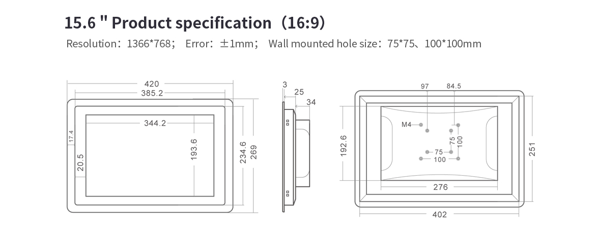 Einbaumaße 15,6" ANDROID 6 Wandeinbau Touchpanel